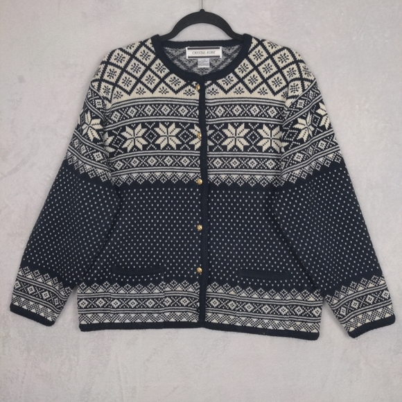 Crystal Kobe Cardigan Sweater Women Large Blue Fair Isle Vtg Preppy Old Money - Picture 2 of 11